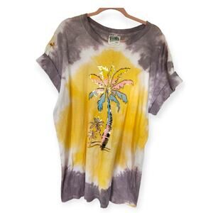 Village Mews Vintage Yellow Tie Dye T Shirt Yellow Grey Palm Tree OSFM